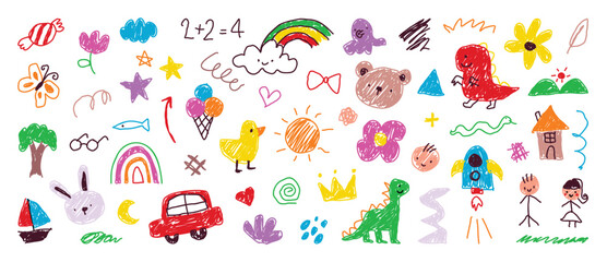 kids hand drawn doodle vector. Cute flower, cloud, sun, rainbow, house, tree, dino, car, rocket, rabbit, bear, boy, girl in colorful. Design for fabric, sticker, icon, kids.