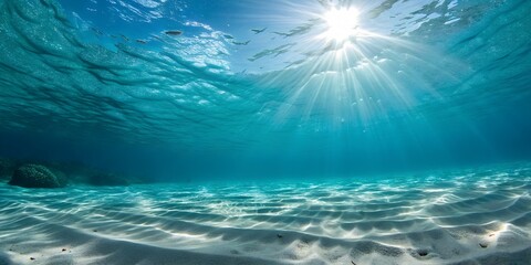 Bright Sun Rays Penetrating Clear Blue Ocean Water onto Pristine Sandy Seabed.