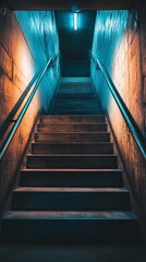 Underground stairway, lit by vibrant blue and orange light