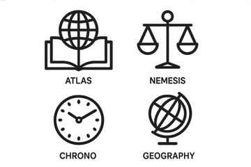 Mythical language roots outline icon set. Vector collection of Atlas book, Nemesis justice scales, Chrono clock, geography globe. Ancient Greek mythology concept illustration.