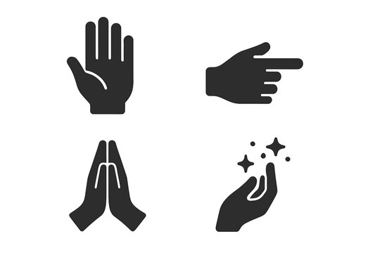 Mystical hand gestures icon set. Solid glyph symbols for magic, witchcraft, and spiritual concepts. Includes praying hands, pointing finger, open palm, and spell casting hand.