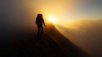 Obraz premium Hiking adventure at sunrise on a misty mountain trail nature photography serene environment scenic viewpoint inspirational journey