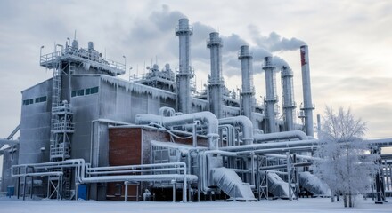 Obraz premium Heating system in operation during winter with smoke emitting from pipes. Industrial factory building with frost and snow on structural elements.