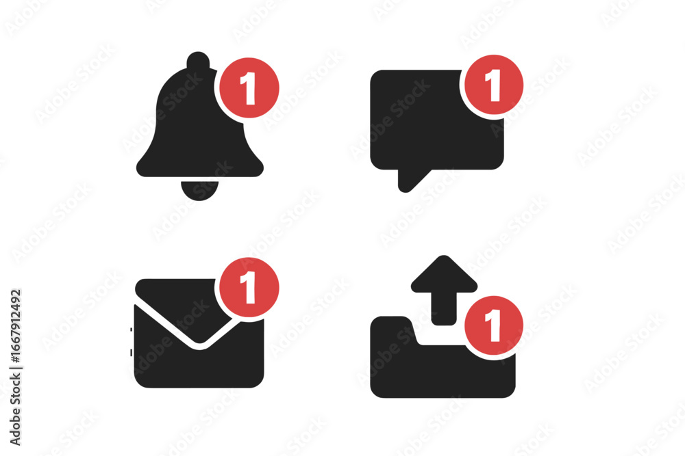 Poster set of notification icons. bell, new message, inbox mail, and upload icons with red counter badge. s