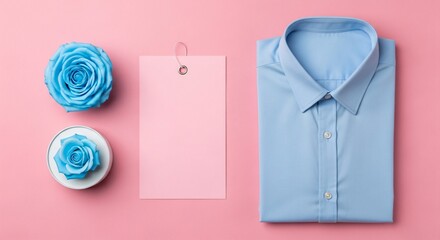 Elegant blue shirt with roses and blank label on a vibrant pink backdrop