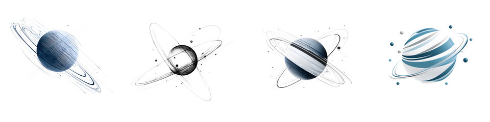Collection of Stylized Planets with Rings Isolated on White Background