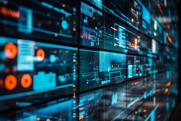 Wall of glowing digital displays with data