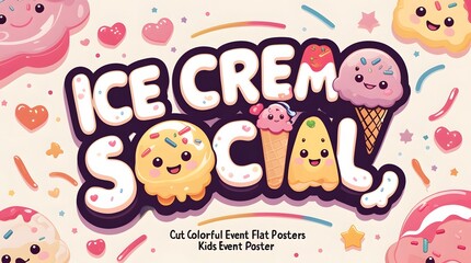 Playful Ice Cream Social Poster with Kawaii Characters and Pastel Accents