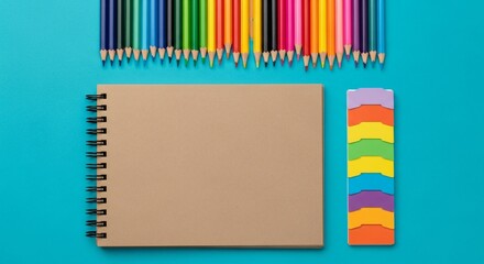 Colorful pencils, notebook, and tabs on blue background for creative projects