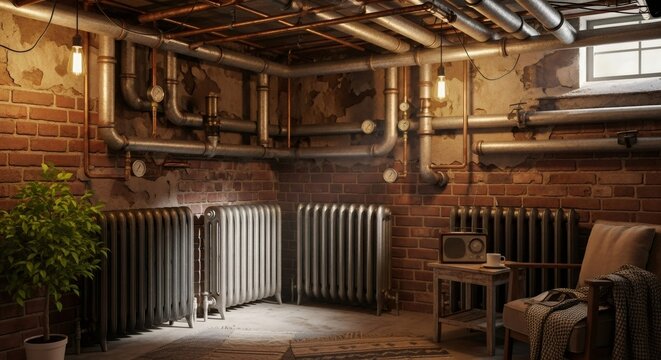 Residential basement with brick wall and visible heating system pipes. Industrial interior concept for home renovation and maintenance projects.