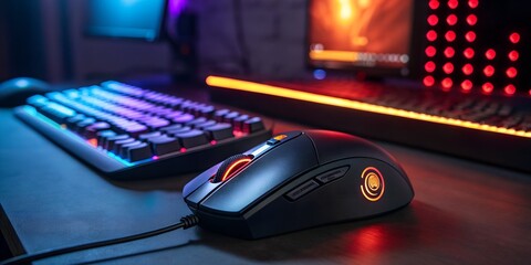 Gaming mouse and keyboard with vibrant RGB lighting on a dark desk ready for action.