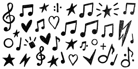 Hand Drawn Doodle Set with Music Notes Stars Hearts and Other Symbols