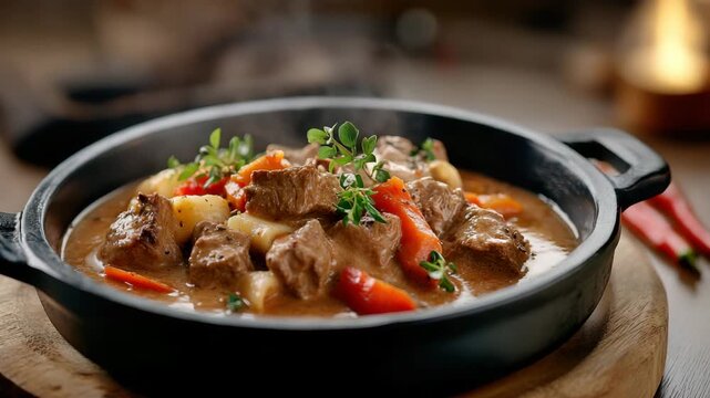 Hearty beef stew with tender meat chunks carrots potatoes fresh herbs served hot in rustic black pot creating warm comfort food perfect for cozy meals rich savory flavors