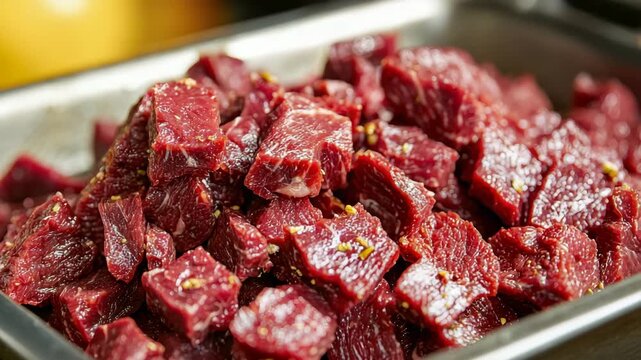 Raw beef meat cube with seasoning on metal tray, fresh red meat chunks showing texture and marbling, close up vibrant tray of fresh beef meat cubes ready for cooking with seasoning and texture