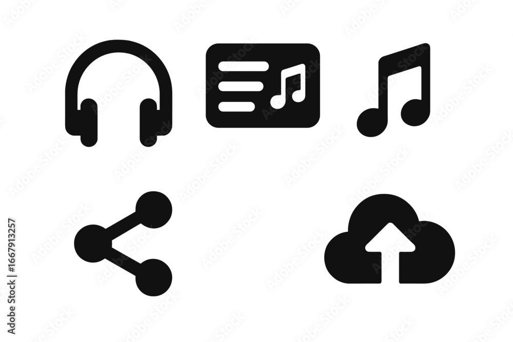 Aufkleber music icon set for streaming and sharing. solid glyph icons for player app ui. audio listen with hea