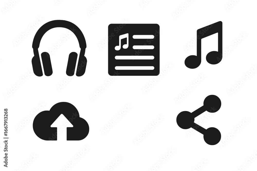 Aufkleber music icon set. solid glyph symbols for streaming app ui. audio player interface elements. headphone