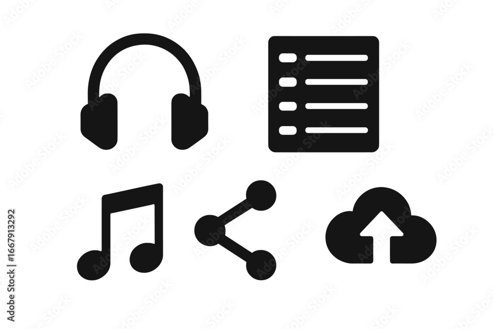 Aufkleber music icon set for streaming service app. solid glyph style pictograms. vector elements for ui ux de