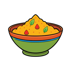 Vibrant cartoon bowl of delicious yellow rice topped with fresh green herbs and red peppers