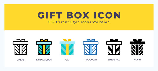Gift box icon set. outline. glyph black. flat color and filled line color