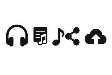 Music icon set solid glyph. Vector symbols for audio streaming and sharing app. Headphones, playlist, song note, share sign, cloud upload. Listen to podcast or track. UI UX kit.