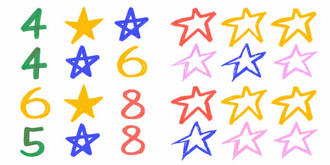 Hand Drawn Numbers and Stars in Various Colors on a White Background