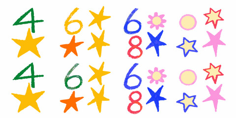 Hand Drawn Numbers and Shapes in Bright Colors on White Background