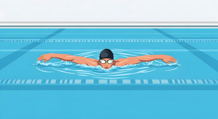 Swimmer practicing butterfly stroke in swimming pool with motion effect and goggles
