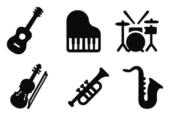 Musical instrument icon set. Solid glyph collection with guitar, piano, drums, violin, trumpet, saxophone. Music symbols for band, orchestra, jazz, concert. Vector silhouette.