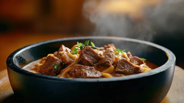 Steaming hot beef stew with tender meat chunks and fresh herbs served black bowl, showcasing hearty and comforting meal perfect for cold weather enjoyment and cozy dining with rich texture and warm
