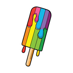 Vibrant rainbow popsicle dripping with sweetness on a white background