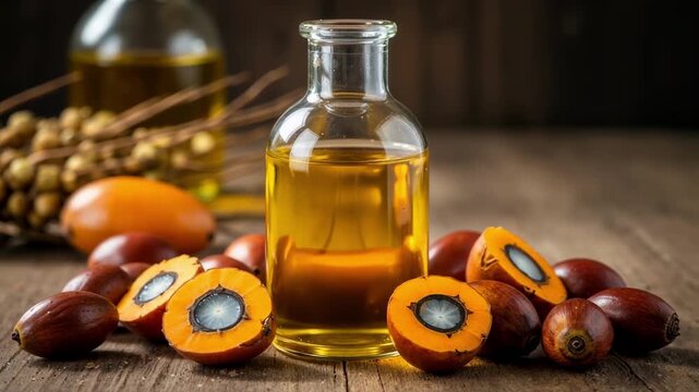 A glass bottle of batana oil with natural nuts on a wooden table, a key ingredient for hair hydration and skin care, representing the trend of sustainable and holistic beauty