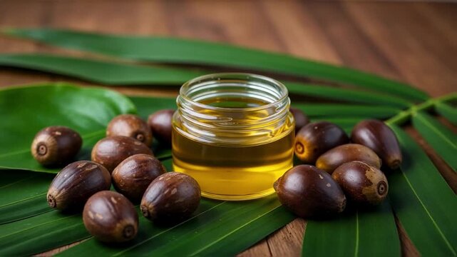 A glass jar of batana oil with natural nuts on a palm leaf, an organic ingredient for hair and skin care representing the trend of sustainable beauty and wellness