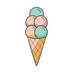 Delicious hand drawn ice cream cone with multiple scoops of refreshing flavors