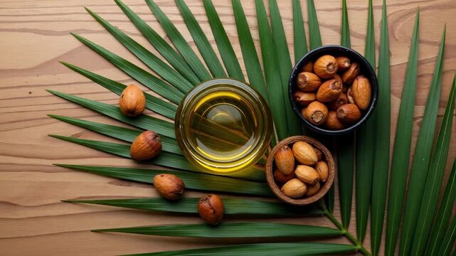 Batana oil in a glass bottle with nuts and a palm leaf on a wooden background, a natural ingredient for hair and skin care representing a sustainable beauty and wellness trend