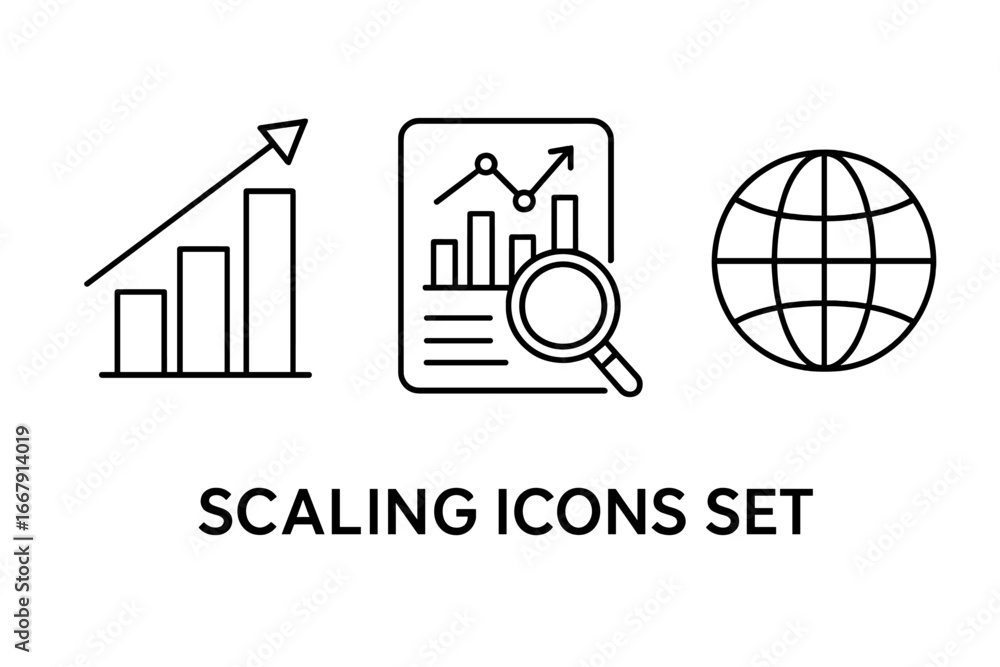 Aufkleber scaling icon set for business growth strategies. upward arrow graph for success and development. mar