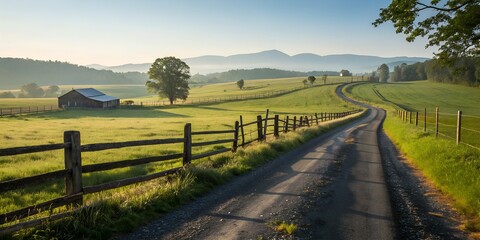 Serene Countryside Road Winding Through Green Pastures and Wooden Fence.