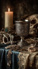 Classic Vanitas Still Life: Ornate Goblet, Skull, Jewelry, and Coins