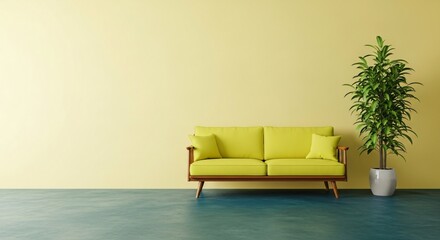 Modern living room with vibrant green sofa and houseplant for design