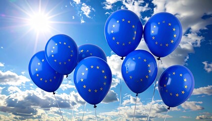 Eight blue balloons with European Union flag design—circle of twelve yellow stars—floating in bright sky with sun and clouds, symbolizing unity and celebration.