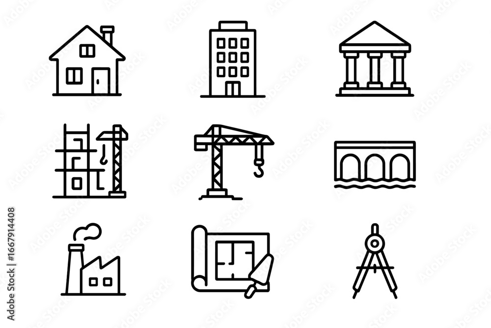 Poster architecture and construction line icon set. building, engineering and real estate symbols. vector c