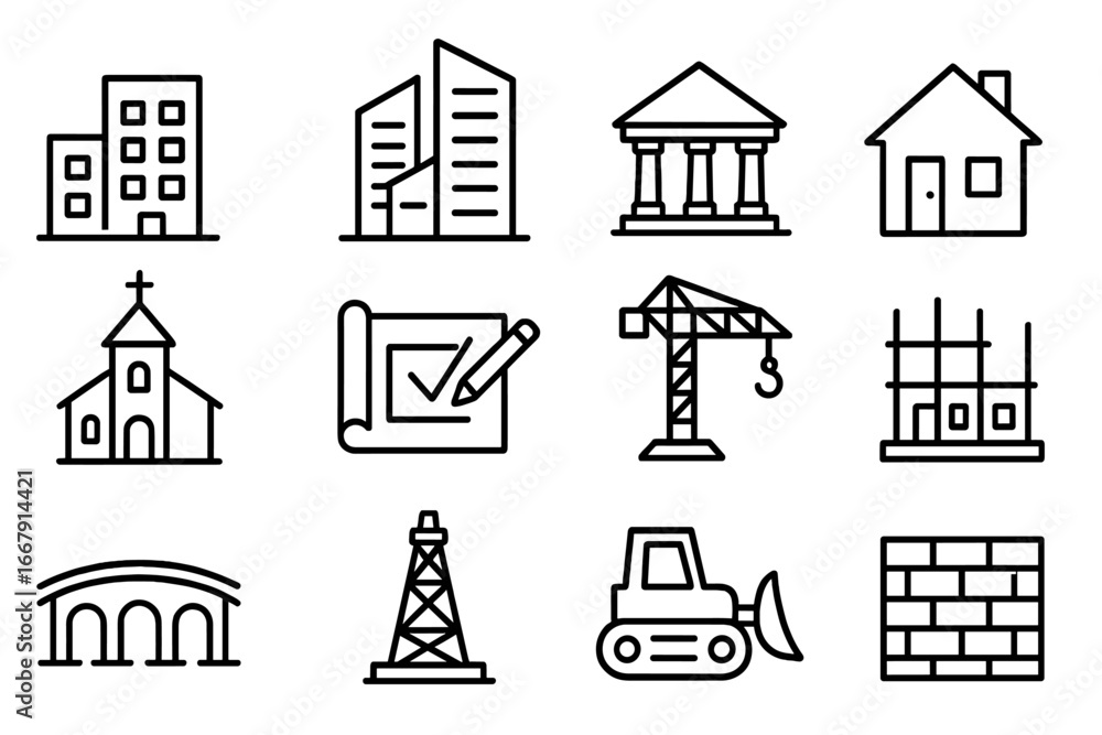 Aufkleber architecture and construction vector icon set. building and structure line art collection. real esta