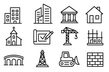 Architecture and construction vector icon set. Building and structure line art collection. Real estate, urban development, engineering and industry graphic symbols isolated.