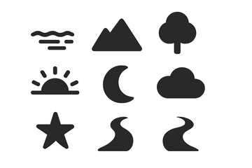 Nature icons set solid glyph collection. Outdoor travel and weather minimal symbols. Vector graphic of mountain, tree, sun, moon, star, cloud, path, river, water wave.