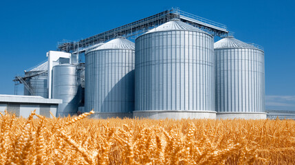 Rain of blue energy nourishes golden fields in a rural farm with silos, tractors, harvest-ready crops, barns in the background, and farmers inspecting the yield, presented in a agr