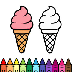 A cute ice cream cone illustration for coloring, featuring a waffle cone and swirled scoop. One side is colored in pink, while the other is outlined for kids to fill with their favorite colors.