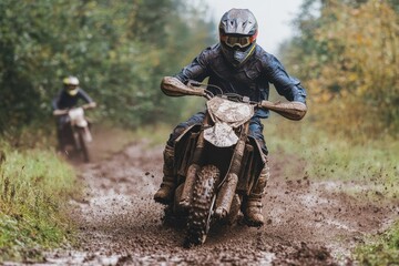 Motocross riders navigate muddy trail in forest during overcast day