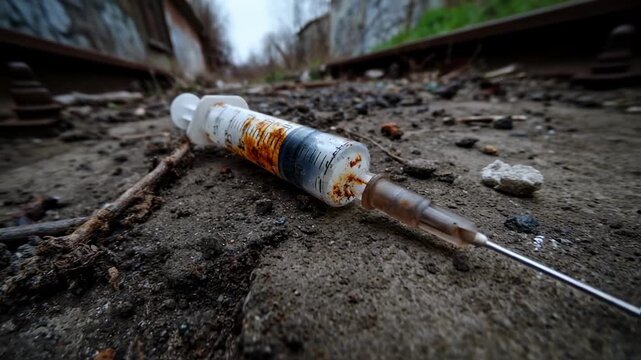A discarded, rusty syringe lying on the dirty ground, a stark image representing drug addiction, substance abuse, the opioid crisis, and public health risks