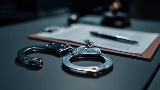 Handcuffs lying on a desk next to legal documents and a gavel, representing arrest, criminal investigation, and the justice system, a concept for legal proceedings and law enforcement