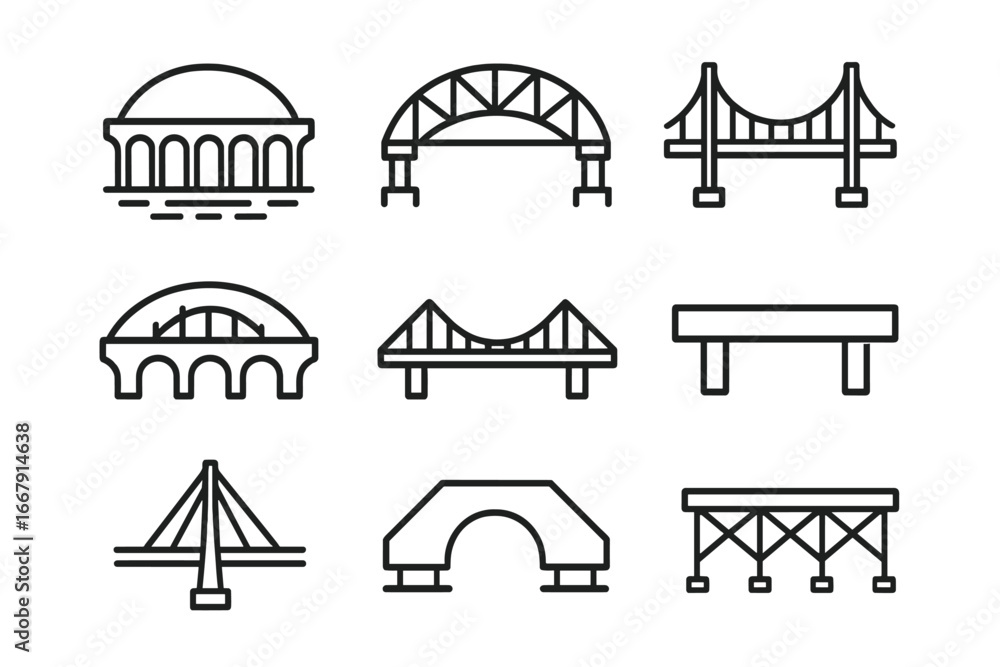 Poster bridge line icon set. various bridges and architectural structures collection. vector outline symbol