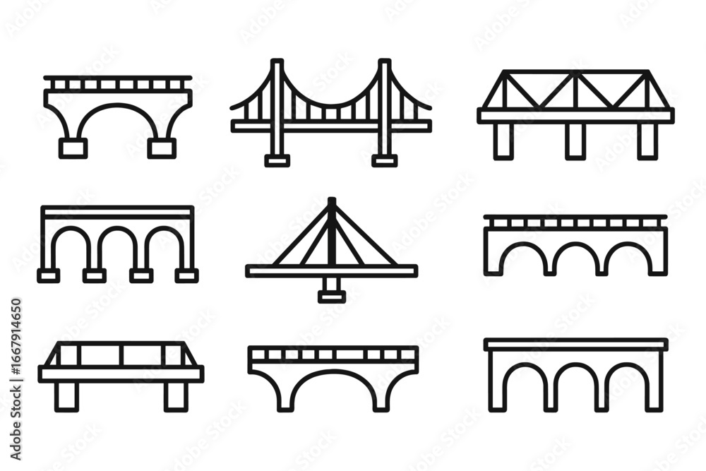 Poster bridge line icon set. simple outline vector architecture. structure engineering symbol collection. c